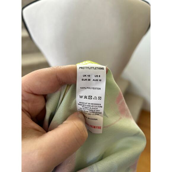 Pretty Little Thing Lime Green Pink Floral Satin Cowl Slip Dress - Picture 8 of 9